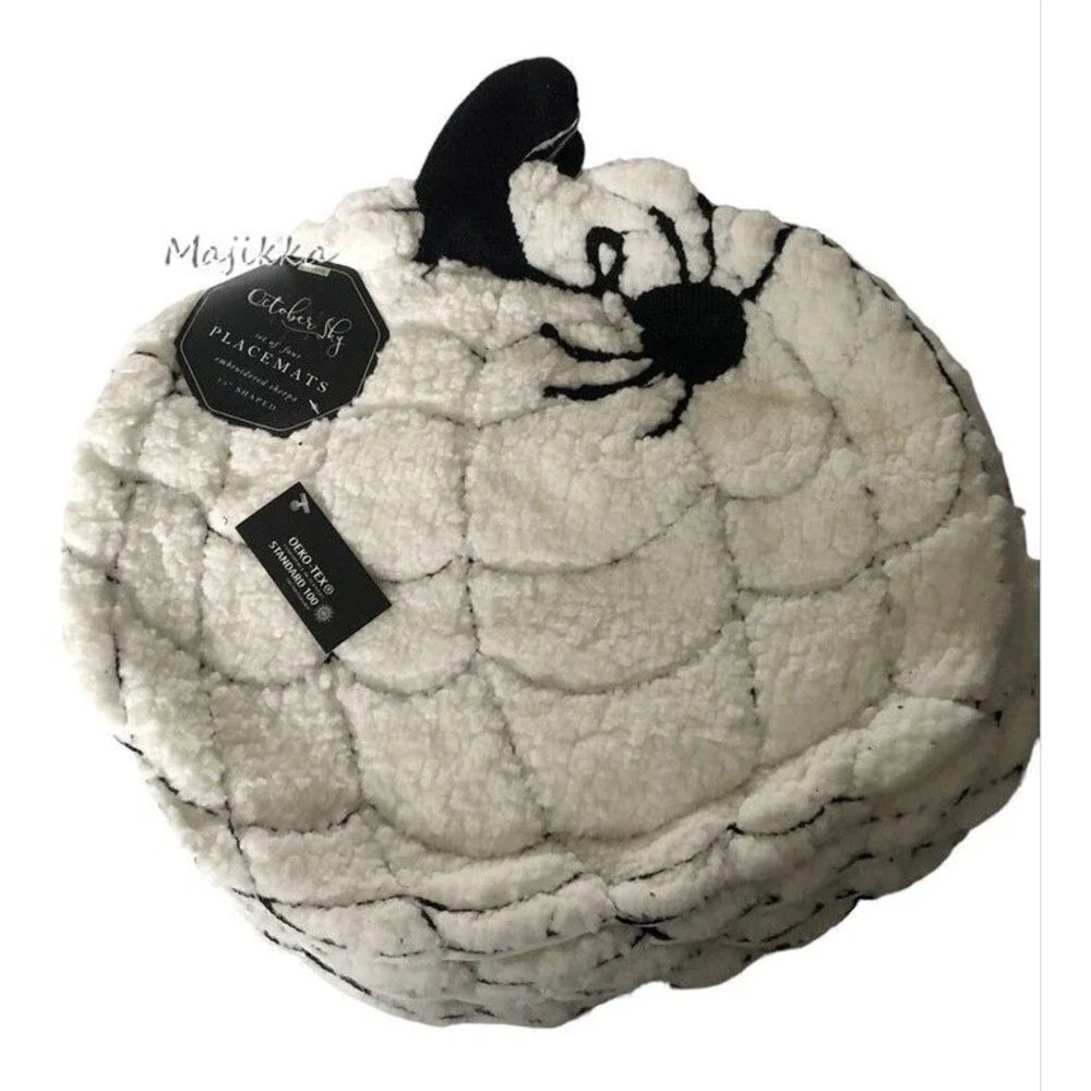 October Sky Halloween Sherpa Spider Web Placemats Embroidered White Set of 4